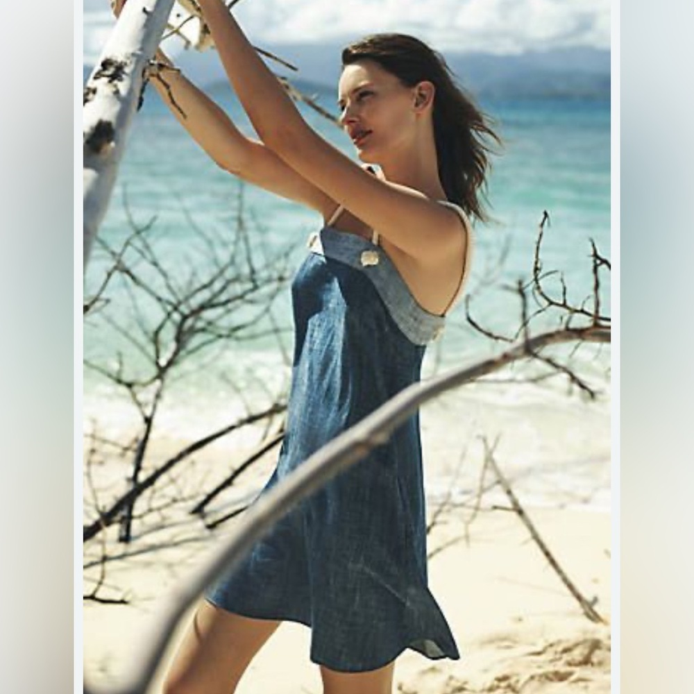 Anthropologie Amadi Denim Mini Dress Rope Straps‎ Side Pockets Size XS
